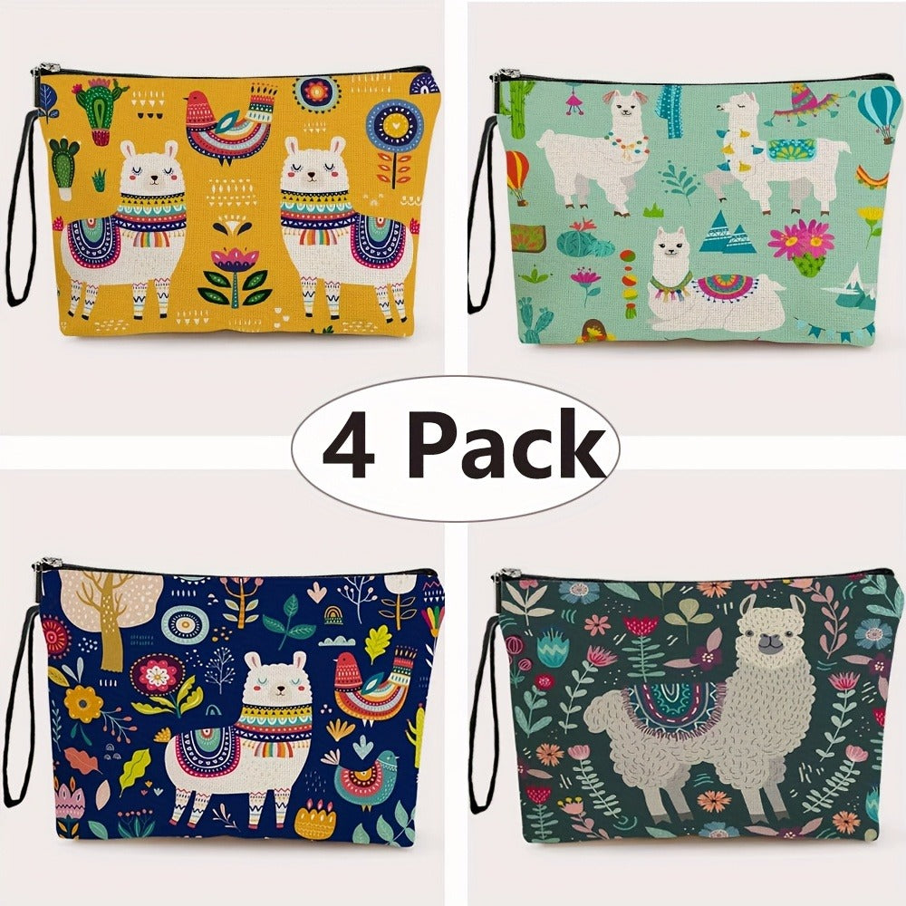 Travel Makeup Bag 4-Pack Set Large Capacity Cosmetic Organizer with Zipper Floral & Cute Animal Print Toiletry Pouch for Women Girls Vacation Business Trip Daily Use Gift