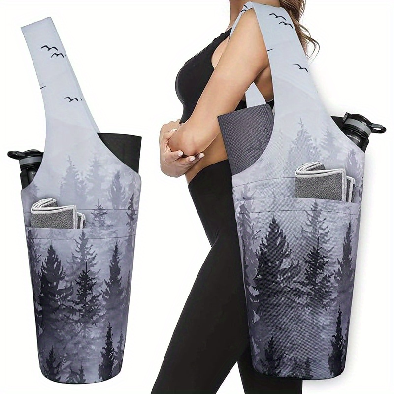 Yoga Mat Tote Bag 37”×15.5” – Large Shoulder Carrier with Dual Pockets for Yoga Mat, Block, Strap & Accessories, Fits Most Mat Sizes, Gym & Studio Bag for Women, Cloud Forest & Mandala Black