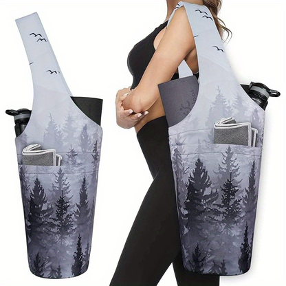 Yoga Mat Tote Bag 37”×15.5” – Large Shoulder Carrier with Dual Pockets for Yoga Mat, Block, Strap & Accessories, Fits Most Mat Sizes, Gym & Studio Bag for Women, Cloud Forest & Mandala Black