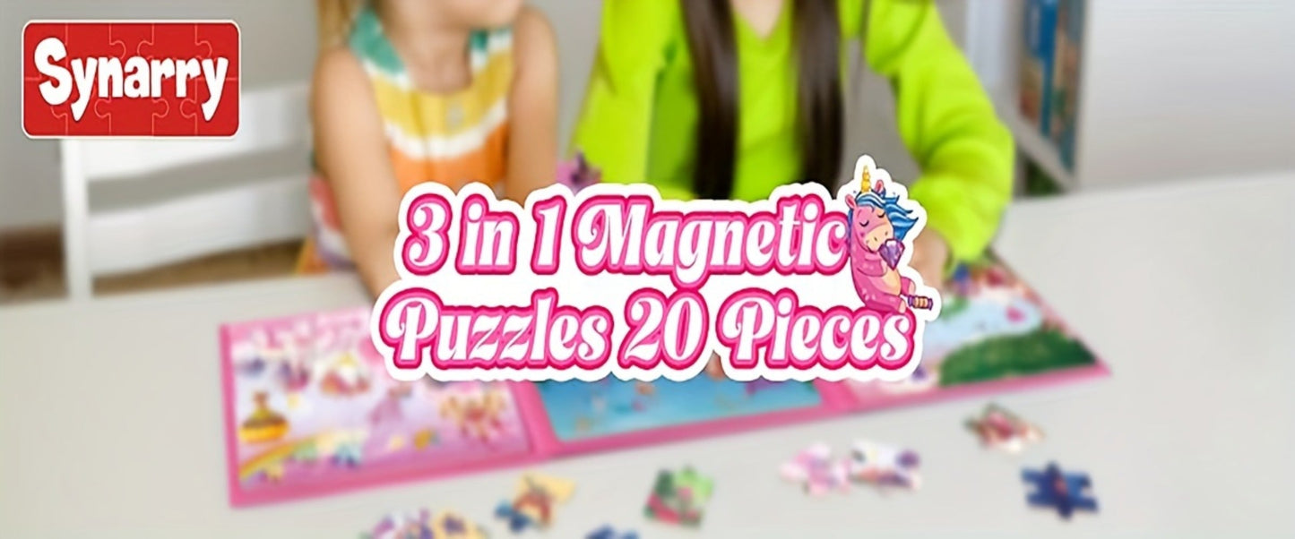 Magnetic Puzzle Book for Girls 3 4 5 6 – 3-in-1 Unicorn Mermaid Princess Travel Puzzles, 20 Pieces Folding Magnetic Jigsaw for Toddlers, Road Trip Car Airplane Activity, Birthday Gift for Little Girls