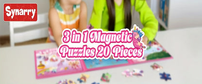Magnetic Puzzle Book for Girls 3 4 5 6 – 3-in-1 Unicorn Mermaid Princess Travel Puzzles, 20 Pieces Folding Magnetic Jigsaw for Toddlers, Road Trip Car Airplane Activity, Birthday Gift for Little Girls