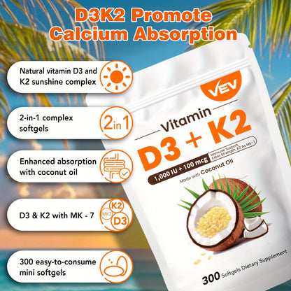 Bone Health Supplement Vitamin D3 1000 IU K2 MK-7 100mcg – 300 Softgels with Coconut Oil for Calcium Absorption, Immune Support & Heart Health – Daily Wellness Vitamins for Active Lifestyles, Men and Women