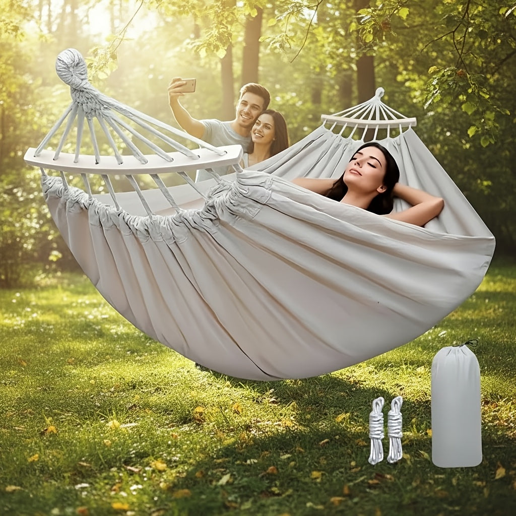 Outdoor Woven Hammock with Wooden Spreader Bar – Thickened Nylon Rope, Single or Double Size – Hanging Chair Swing Bed for Garden, Courtyard, Park & Balcony (No Frame Included)