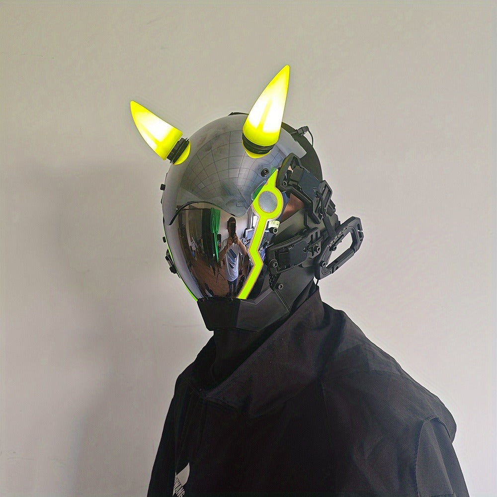 Electric Pink Punk Cosplay Mask with Helmet – Battery-Powered LED Full Face Mask for Halloween, Christmas, Easter, Rave Music Festival & Party, Unisex Adult Costume Prop, Cool Gift for Men & Women