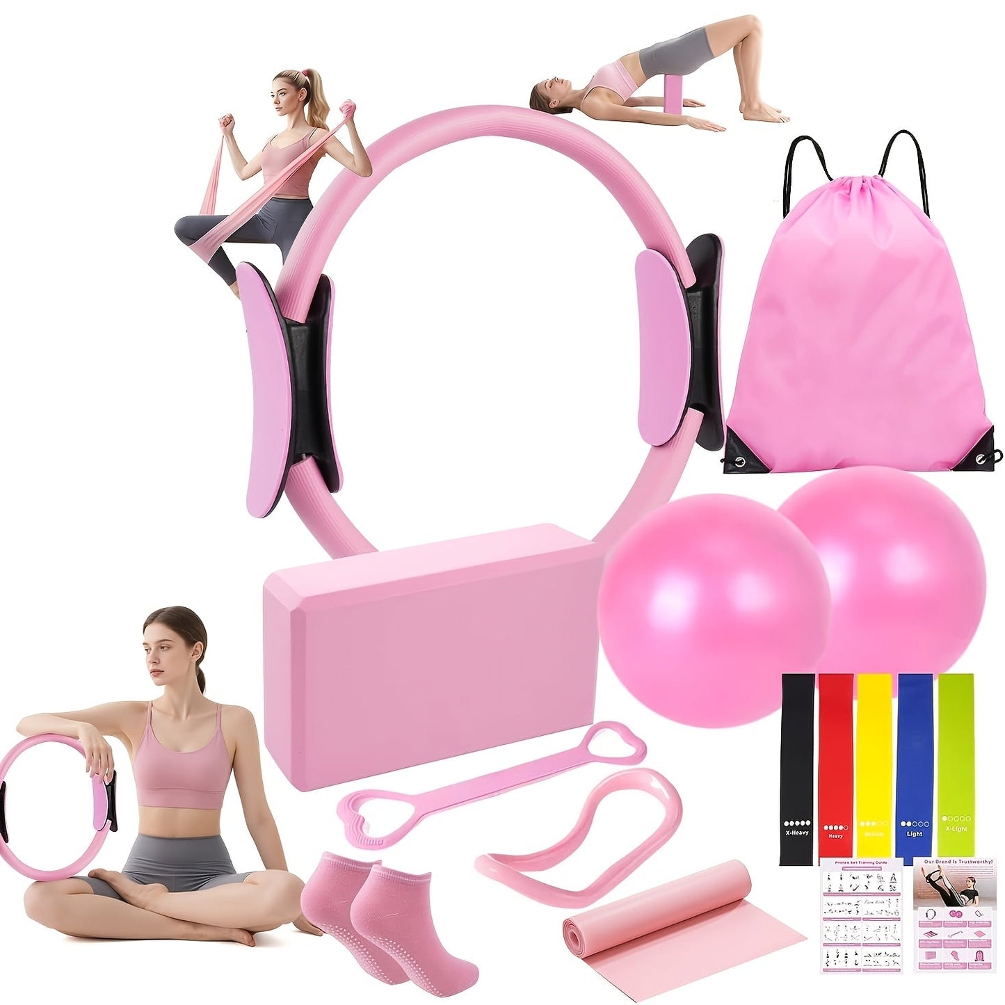 Pilates Kit for Women 14-in-1 – Pilates Ring, 2 Balls, 5 Resistance Bands & Yoga Block for Full Body Core & Flexibility Training, Portable Home Pilates Set
