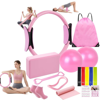 Pilates Kit for Women 14-in-1 – Pilates Ring, 2 Balls, 5 Resistance Bands & Yoga Block for Full Body Core & Flexibility Training, Portable Home Pilates Set