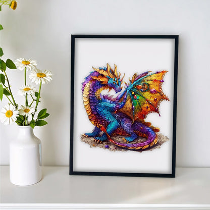 Dragon Wooden Jigsaw Puzzle Gemstone Fantasy – Colorful Irregular Animal Shaped Pieces, Unique Non-Repetitive Plywood Brain Teaser, 2 Sizes S & L, Wall Art Home Decor, Birthday Christmas Gift for Adults Teens