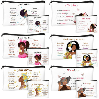 African Queen Makeup Bag Set 12 Pcs Inspirational Zipper Cosmetic Bags with Wallet Travel Toiletry Organizer Gift Set for Black Women Girls Birthday Juneteenth Kwanzaa