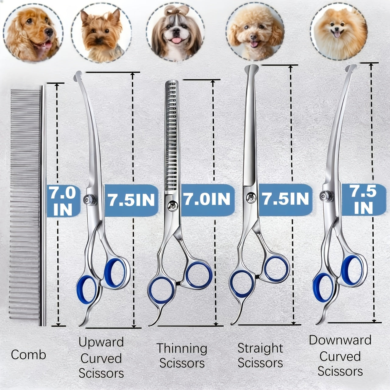 Dog Grooming Scissors Set 7-in-1 Professional Ceramic Coated Stainless Steel Safety Round Tip Straight Thinning Curved Scissors Comb Kit for Dogs Cats