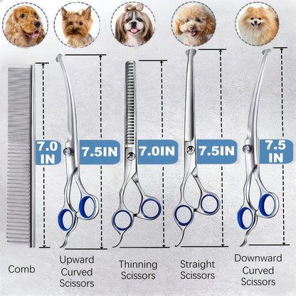 Dog Grooming Scissors Set 7-in-1 Professional Ceramic Coated Stainless Steel Safety Round Tip Straight Thinning Curved Scissors Comb Kit for Dogs Cats