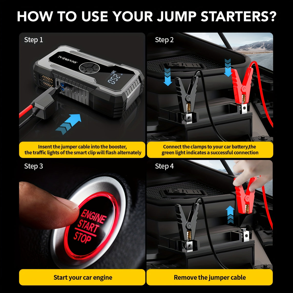 SHARMEAL 16000/20000A 17-in-1 Portable Jump Starter With Air Compressor, Jump Starter For Car, Multi-Function Power Pack With Tire Inflator, LED Light & Power Bank, For 12V Vehicles (All Gas & Diesel Engines), Cars, Trucks, SUVs, RVs & Motorcycles