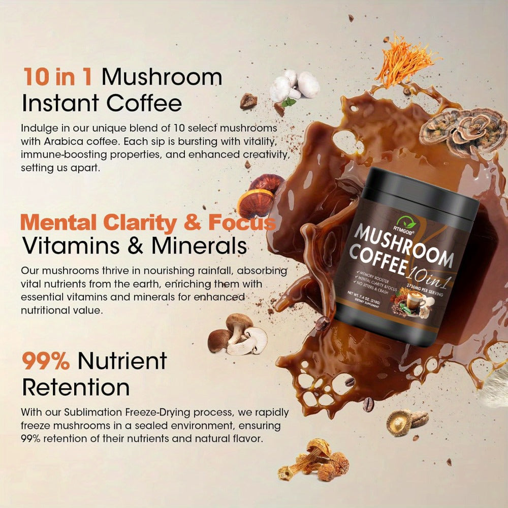 Mushroom Coffee Blend Powder 210g – Instant Coffee with Lion's Mane, Reishi, Cordyceps, Chaga & Chanterelle | 5-Mushroom Functional Coffee for Focus, Energy & Immune Support | Great Wellness Gift
