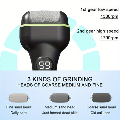 Foot Callus Remover Electric Rechargeable 3 Interchangeable Grinding Heads LCD Display Portable Electronic Foot File Dead Skin Remover Pedicure Tool for Women Men Athletes
