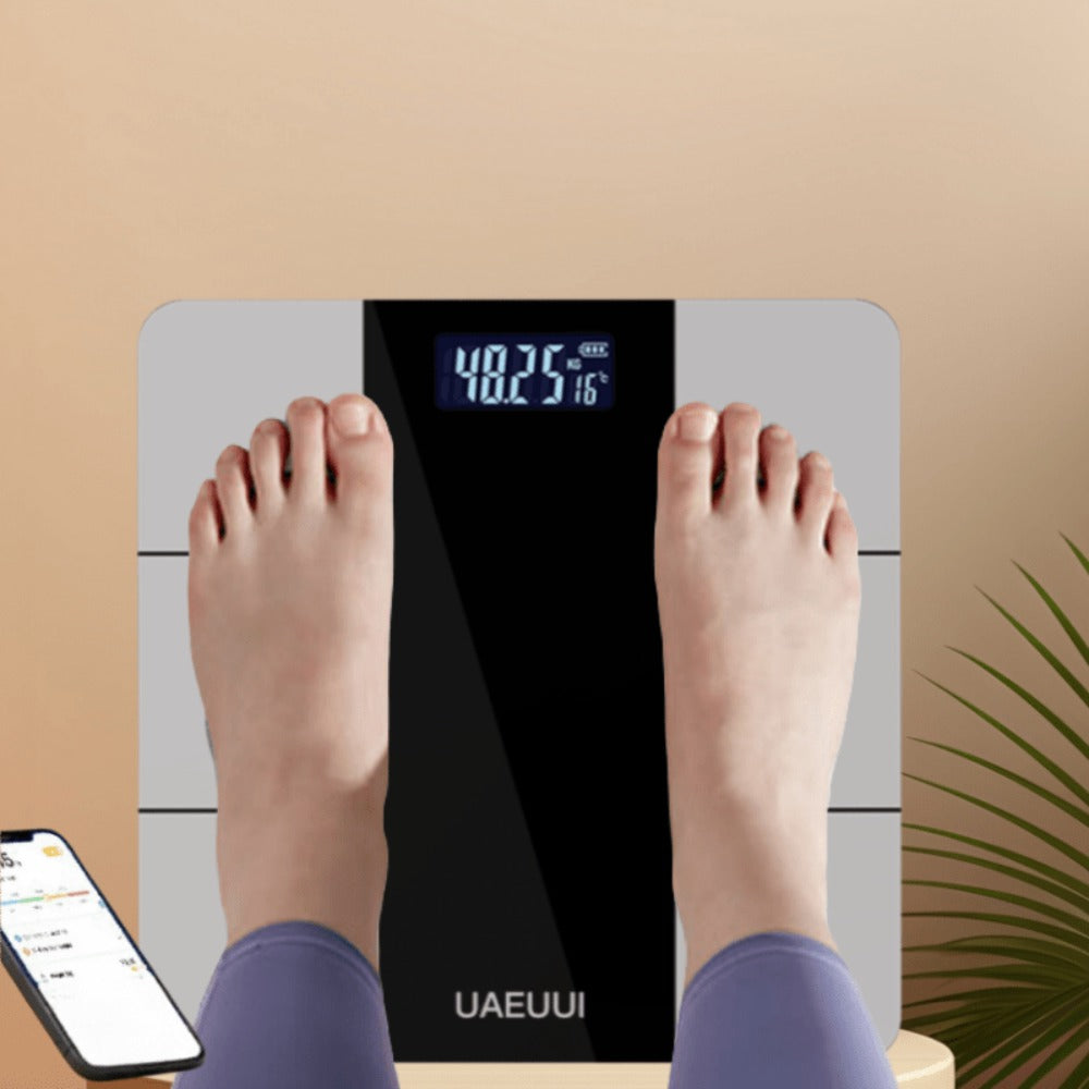 Smart Body Fat Scale with Wireless App Sync – Digital Bathroom Scale, Body Composition Tracker, Battery-Powered, Compact Design for Home & Bathroom, Easy Placement, Gray