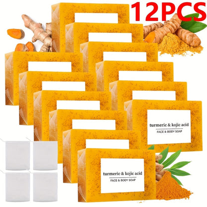 Kojic Acid Turmeric Soap Bar Set 12 Pack 100g with 4 Bubble Nets - Ginger Lemon Handmade Moisturizing Brightening Body Soap for Dark Spots Even Skin Tone Gentle Unisex Travel Gift