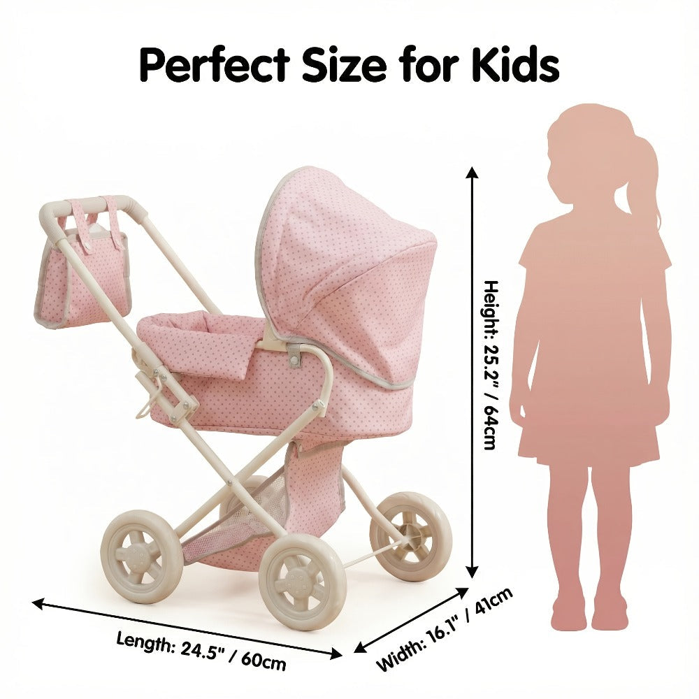 3-in-1 Baby Doll Stroller Set Pink Foldable Pram with Bassinet & Carry Bag for 14-24 Inch Dolls Swivel Wheels Adjustable Handle Nursery Role Play Gift for Girls Ages 3-12 (No Doll)