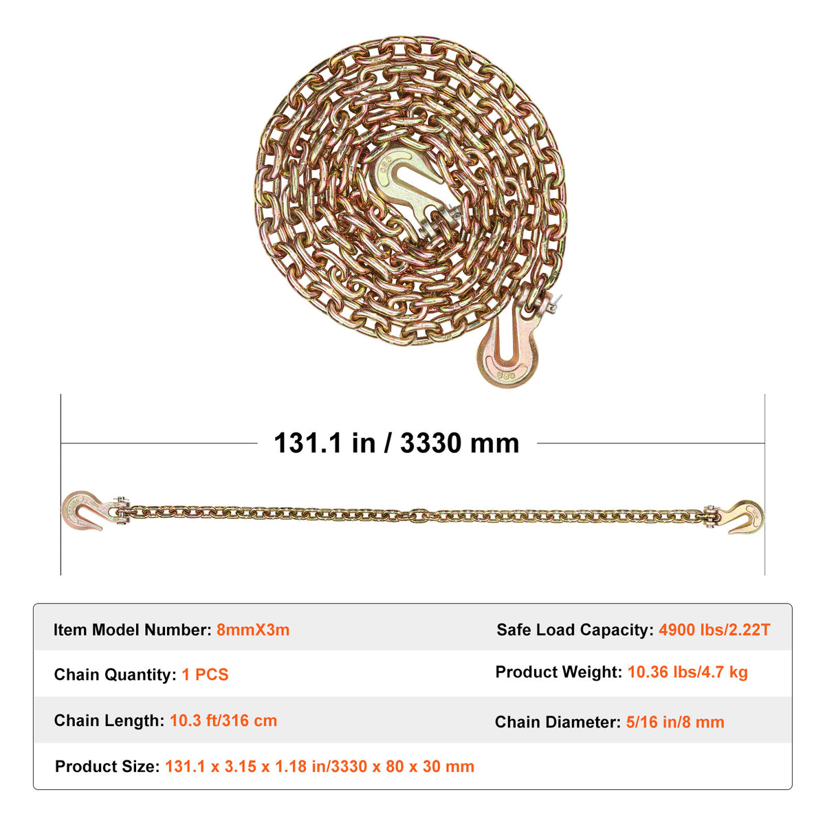 VEVOR Binder Chain G80 Tie Down Tow Chain with Two Hooks 5/16" x 14.2/10.3' 4900 lbs /3/8" x 10.3' 7100 lbs