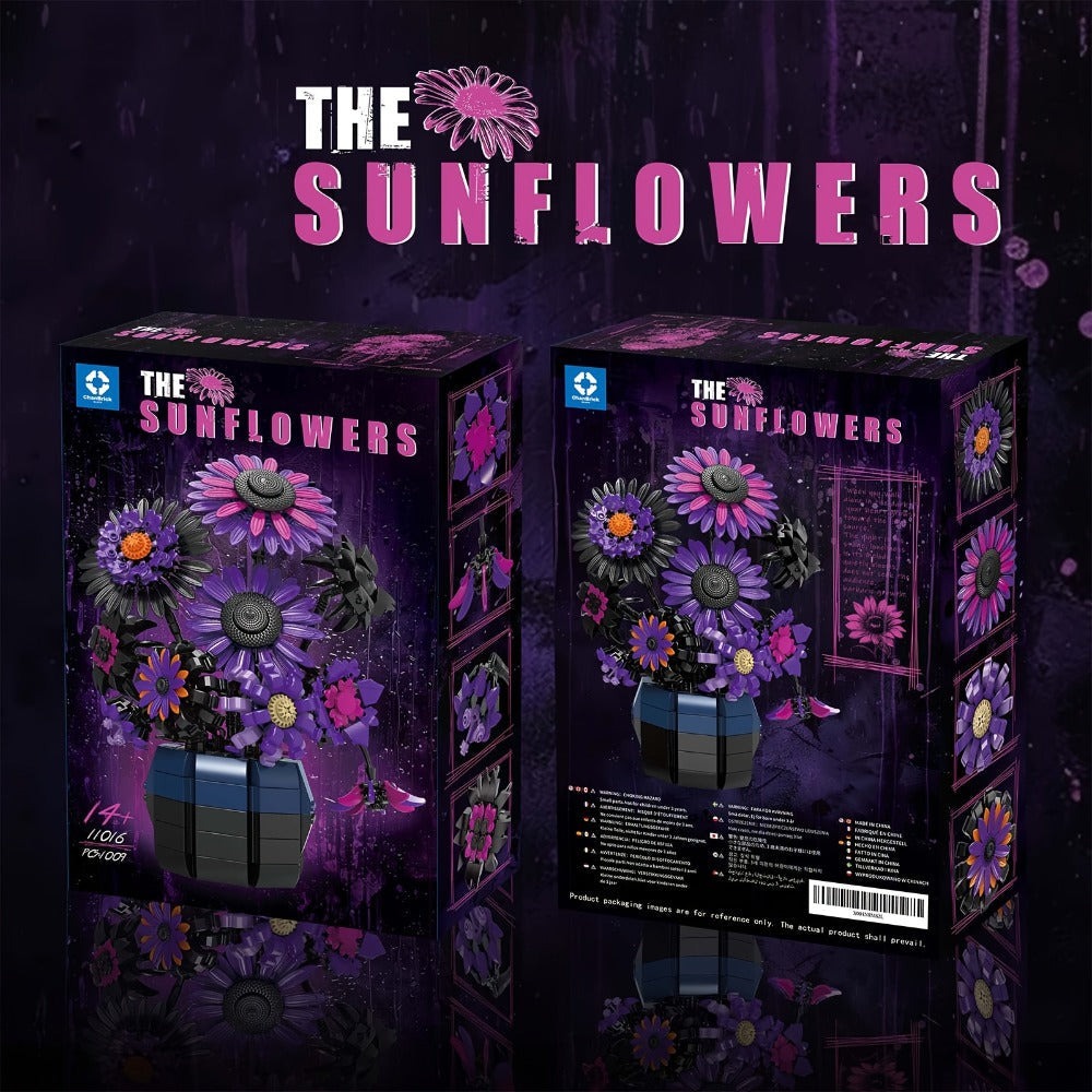 Sunflower Building Blocks Bouquet Set for Adults – Purple Van Gogh Art Botanical Flower Brick Kit Creative Home Decor Display Model, Unique Birthday Mother's Day Valentine's Day Gift for Women