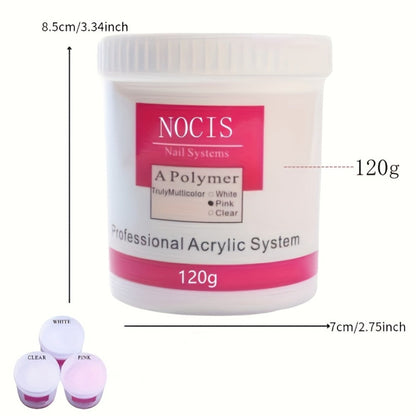 No Lamp Acrylic Nail Extension Powder 120g Clear Pink White — Long-Lasting Crystal Formula for Carving 3D Nail Art Overlays Professional Salon & Home Use