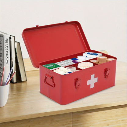 Metal First Aid Box with Safety Lock – Empty Medicine Storage Tin & Emergency Supply Organizer for Home Office Car Camping, Durable Steel First Aid Kit Container in Green Red White