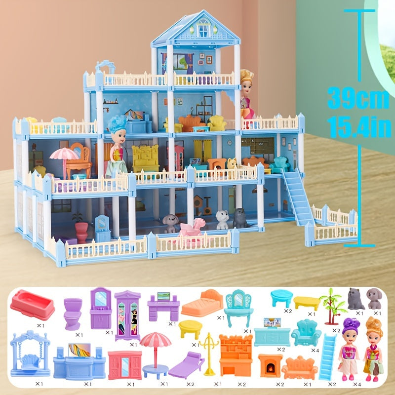 Princess Doll House Castle with Furniture & Accessories – Pink or Blue Mini Villa Playset 14 to 27 Rooms, Imaginative Play Logical Thinking Toy for Girls Ages 3+ Birthday Christmas Gift