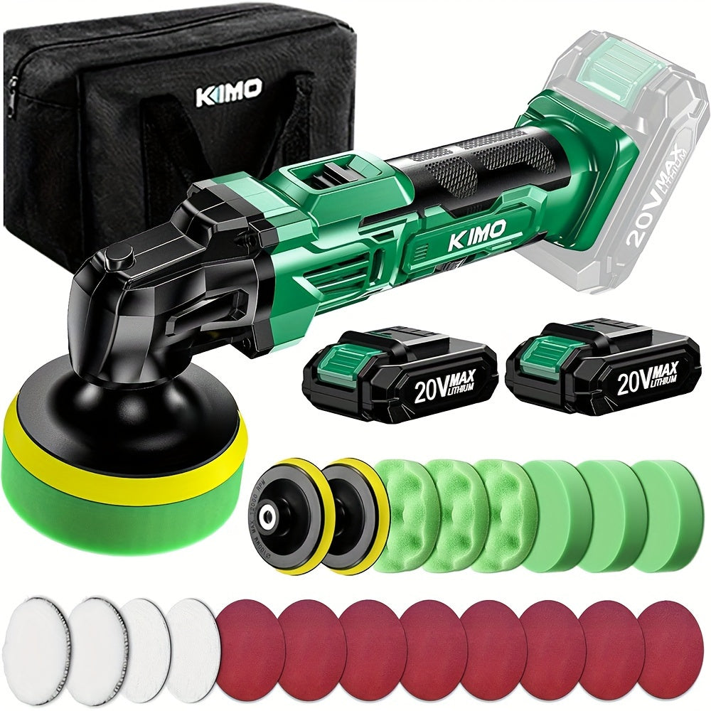 KIMO 20V Cordless Buffer Polisher Kit, 24 Accessories, 2 X 2000mAh Batteries, Car Polisher W/ 6 Variable Speed Up to 3634RPM, Cordless Polisher for Car Detailing Waxing Polishing Scratch Removing Bathroom Cleaning