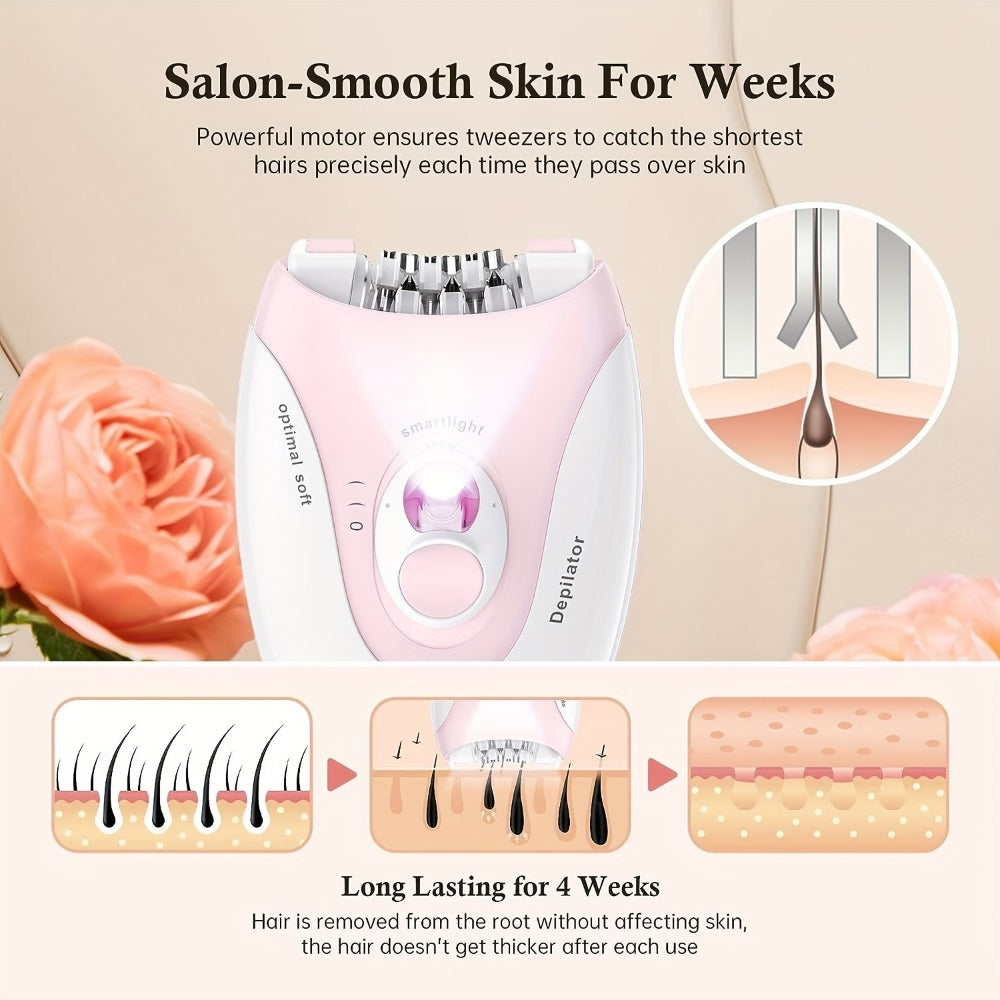 Electric Epilator for Women USB Rechargeable 2-Speed Painless Hair Removal – Stainless Steel Blades Cordless Portable Body Hair Remover for Legs Bikini Line Face, Ergonomic Pink Design, Gift for Her