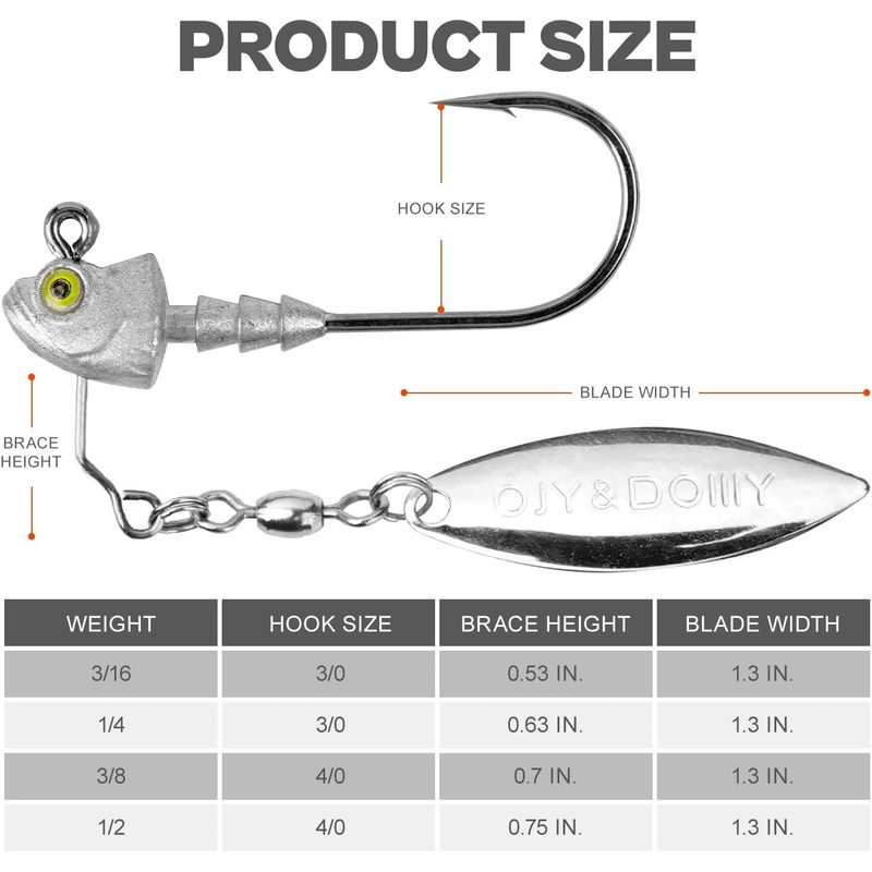 Underspin Jig Heads 6-Pack with 100% Brass Blade – Never Rust Rotating Spinner Jig for Bass & Saltwater Fishing – 3/16oz, 1/4oz, 3/8oz, 1/2oz – Flash & Vibration Swimbait Head
