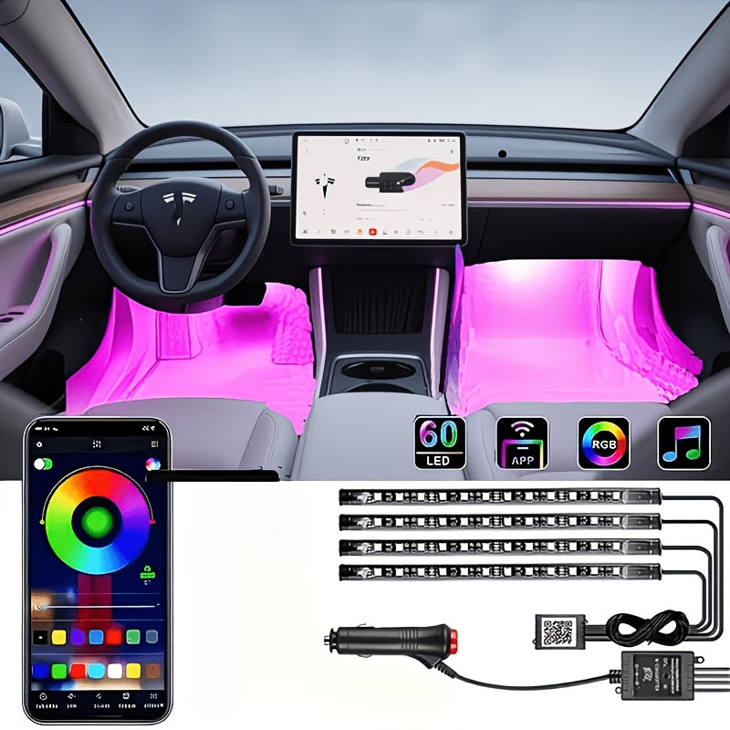 RGB Car Interior Bluetooth USB Light Strip with Wireless Remote And APP Control, 4pcs Dashboard Foot Mood Light Kit, Music Mode, Suitable for Vehicle Interior, SUV, Truck