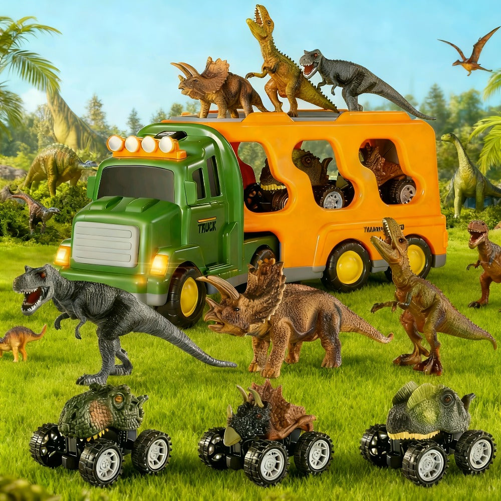 Push-Action Dinosaur Truck Toy 7-in-1 for Kids Ages 3-5 with 3 Dino Figures & 3 Mini Cars – Friction Vehicle LED Lights & Roaring Sound Effects Monster Dino Car Birthday Christmas Gift Boys