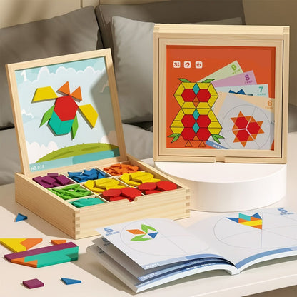 Magnetic Wooden Puzzle Blocks 128 180 220 Piece Set – Geometric Figures Cognitive Learning STEM Toy for Kids, Creative Jigsaw Building Gift for Toddlers & Children