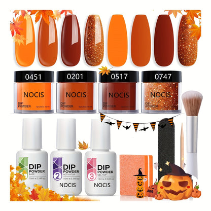 Halloween Orange Glitter Dip Powder Nail Kit with Nail Sticks Base Coat Top Coat & Activator — DIY Spooky Seasonal Nail Art Manicure Set No Lamp Needed