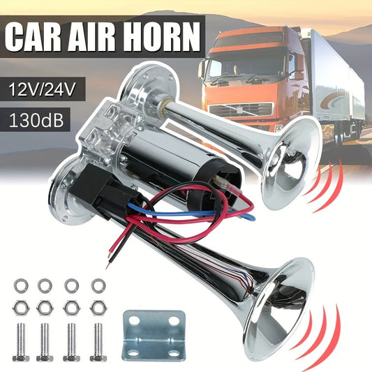 Loud Air Horn for Truck - 130dB Double Tube Aluminum Alloy with Compressor, 12V/24V Universal, Super Loud for SUV, Boat, Motorcycle, Off-Road, Bus, Quick Install