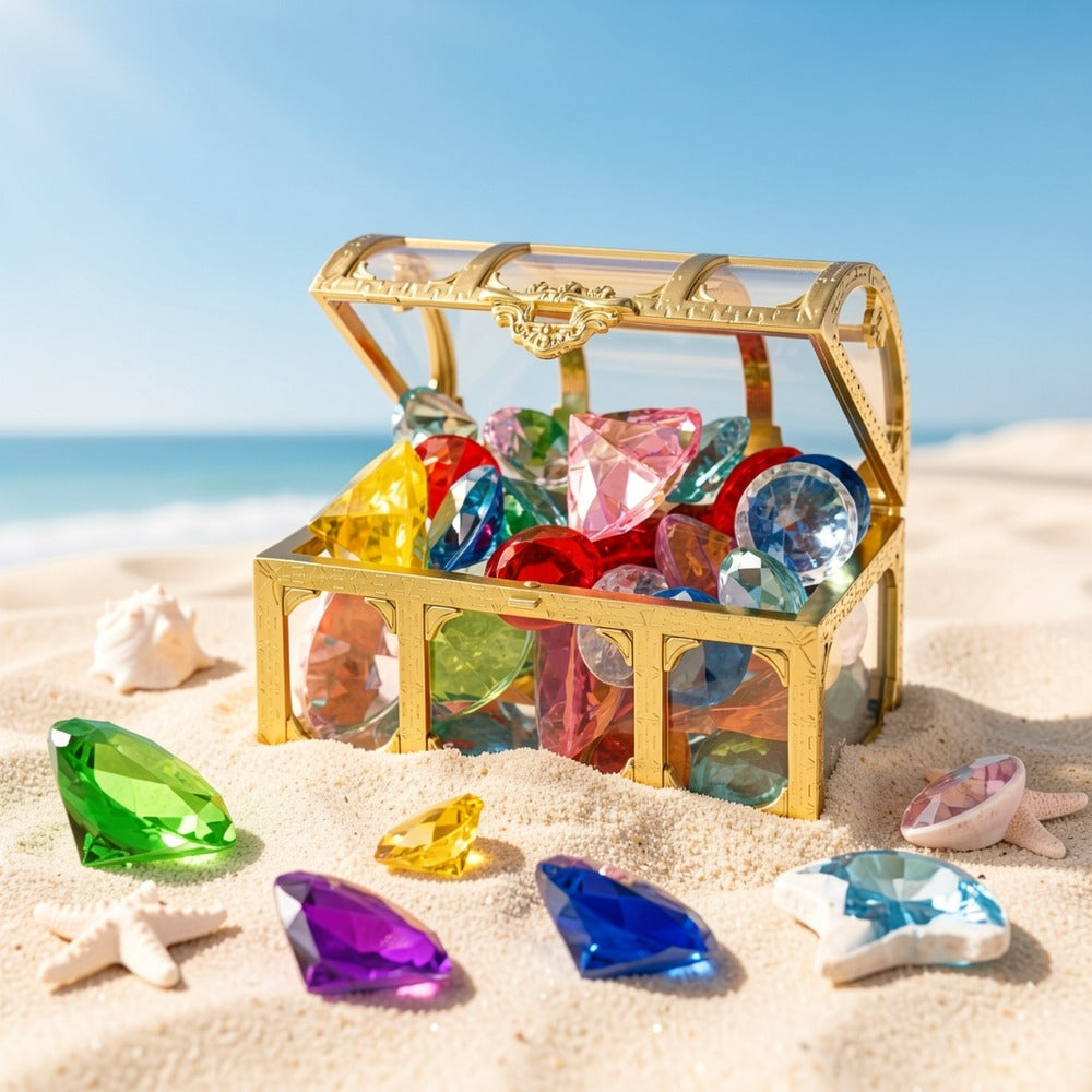 Pool Diving Gems 50 Piece Set with Pirate Treasure Chest – Underwater Acrylic Gemstone Dive Game for Kids | Swimming Pool Toy for Boys & Girls, Summer Birthday Party & Pool Party Gift