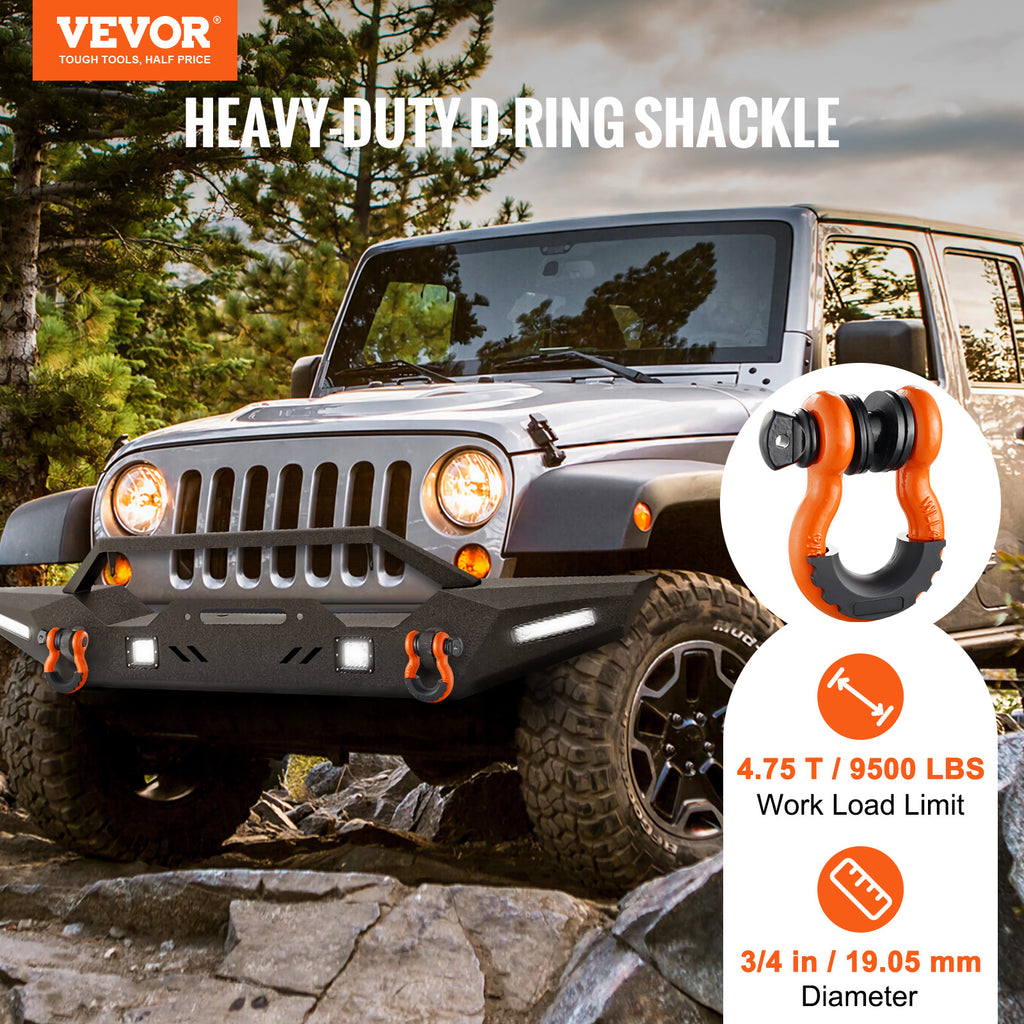 VEVOR 3/4" D-Ring Shackle, 2 Pack Alloy Steel Shackles 62832 lbs (28.5 Ton) Break Strength with 7/8" Screw Pin, Isolators & Washers, Heavy Duty Off Road Vehicle Recovery Shackle for Jeep Truck,Orange/Black/Red