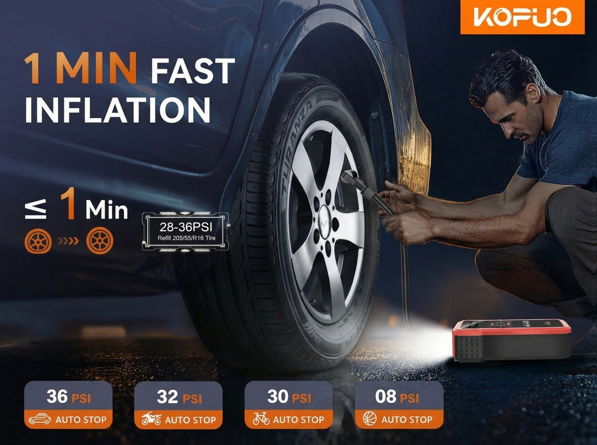 KOPUO 20000A Peak 12V Jump Box, Optional 6000A Jump Starter, Heavy Duty Car Jump Starter And Air Compressor, 150PSI Cordless Tire Inflator with Digital Gauge, All-in-One for 2.64gal Gas/2.11gal Diesel Vehicle, 3-Mode LED Light Camping Emergency