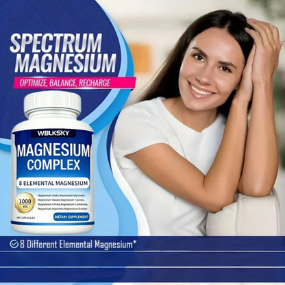 Magnesium Complex Supplement 8-in-1 with Glycinate Citrate Malate Orotate Taurate Aspartate Oxide Carbonate — 1000mg Per Capsule, 2 Bottles, Sleep Mood Muscle Energy Support for Women & Men