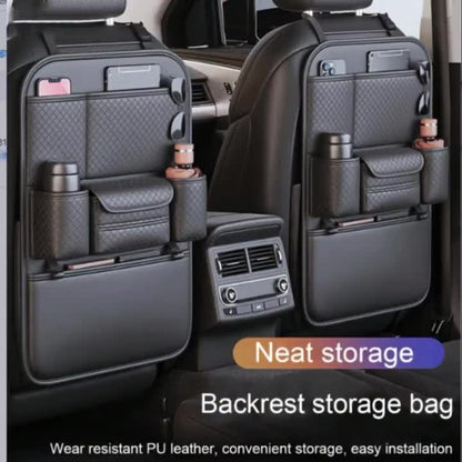Car Seat Back Organizer – Large Capacity PU Leather Backseat Storage Bag | Multi-Compartment for Tablets, Laptops, Water Bottles | Universal Fit Cars Trucks SUVs
