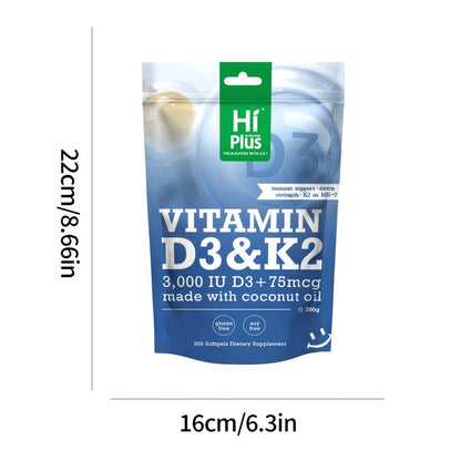 Vitamin D3 K2 MK-7 Supplement 300 Softgels — 3000 IU D3 + 75mcg K2 with Virgin Coconut Oil for Calcium Absorption Bone Density Immune & Heart Health Double Strength One-a-Day