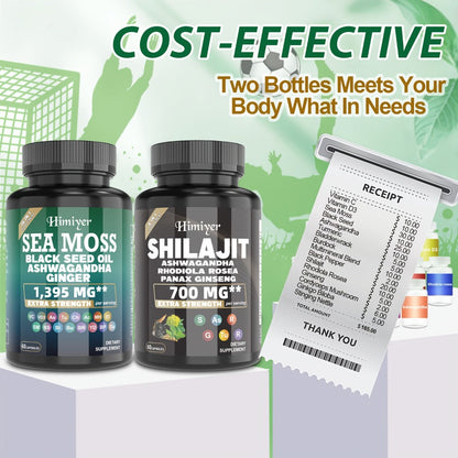 Sea Moss & Shilajit Capsules Bundle Set – Sports Nutrition Dual Formula for Energy, Bone Support, Relaxation & Focus – Super Golden Combination Daily Wellness Supplement for Men & Women