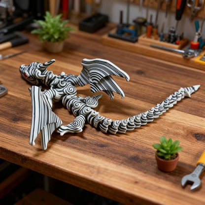 Articulated Cybernetic Dragon Statue – 3D Printed Black & White Swirl Fidget Figurine with Random Eye Color, Poseable Collectible Fantasy Art for Desktop Display, Cool Gift for Teens & Adults 14+