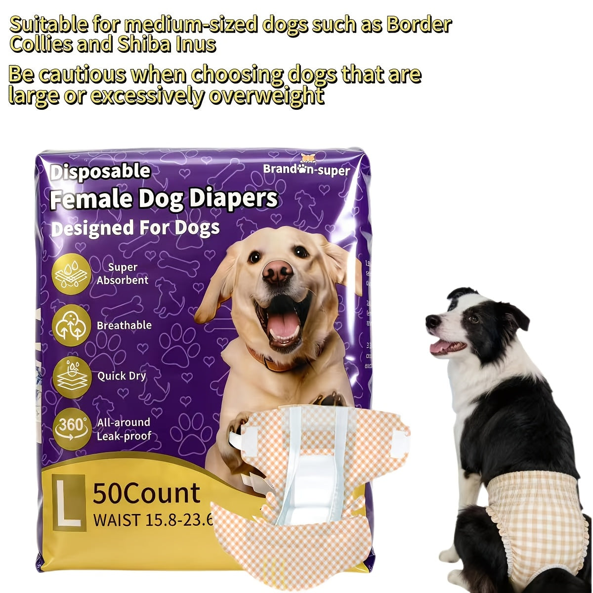Disposable Dog Diapers 50-Pack for Male & Female Dogs - Super Absorbent Leak-Proof Pet Nappies, Comfortable Fit for Puppies, Senior Dogs, Incontinence & Post-Surgery Recovery, XXS to L