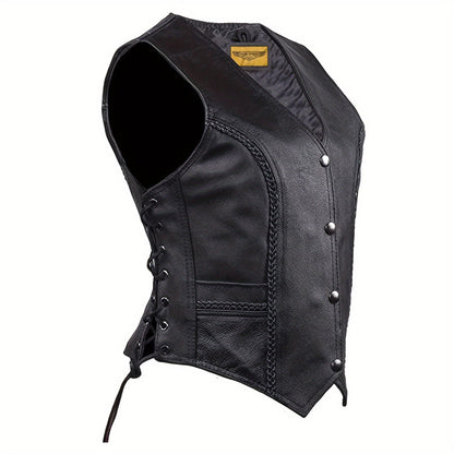 Women'S Black Concealed Carry Pockets Leather Motorcycle Vest, with Lace-Up Side Detailing And Adjustable Straps, Edgy Biker Look | Metal Eyelet Accents | Motorcycle Vest