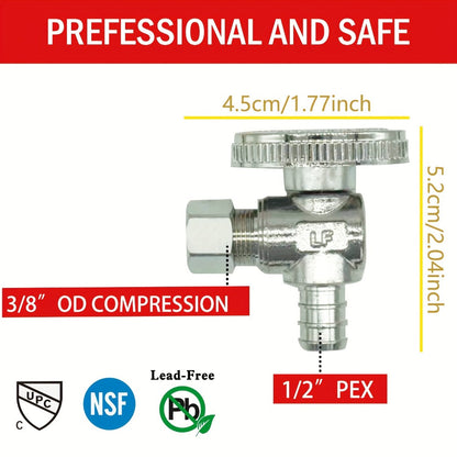 PEX Angle Stop Valve 5pcs - 1/2" PEX x 3/8" OD Compression, 1/4 Turn Shut-Off Valve, Lead-Free Chrome Brass, ASTM F1807 NSF/ANSI 61 Certified, for Bathroom Toilet Sink Plumbing
