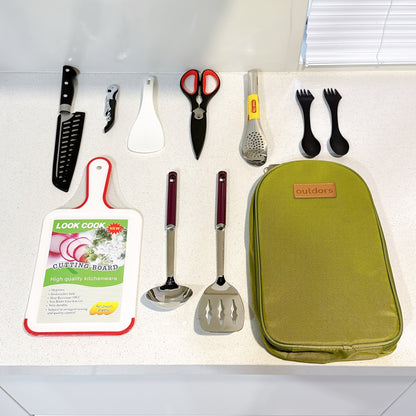 Portable Camp Kitchen Cooking Utensil Set with Water-Resistant Travel Organizer Case – Compact Grill Accessories Kit for Backpacking, BBQ, Camping & Hiking | Black
