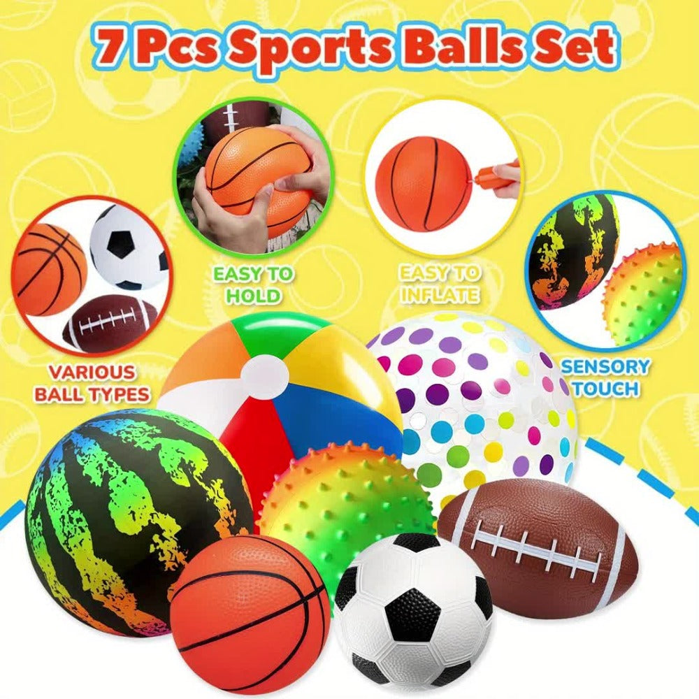 Kids Playground Ball Set 7-Pack with Air Pump – 10.6 Inch Outdoor Ball Plus 6-Inch Basketball Football Rugby, Active Play Toy for Home Yard Pool Classroom Park, Birthday Party Gift for Children Ages 4+