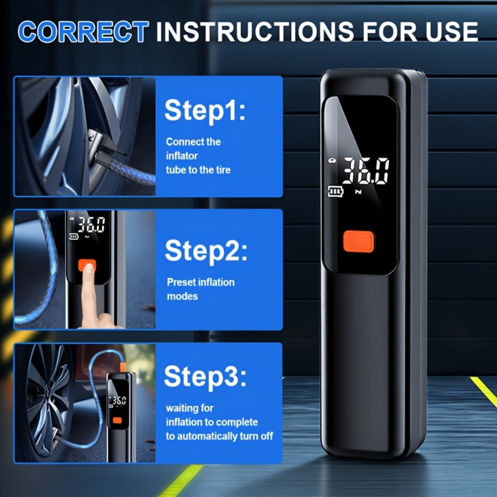 Portable Tire Inflator Wireless Air Compressor with Digital LED Display Auto Pressure Detection USB-C Rechargeable for Car Bicycle Motorcycle Basketball