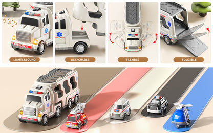 Ambulance Truck Toy 5-in-1 Carrier Set with Lights & Sounds – Friction Power Emergency Vehicle Playset for Kids Boys Ages 3+, Birthday Gift