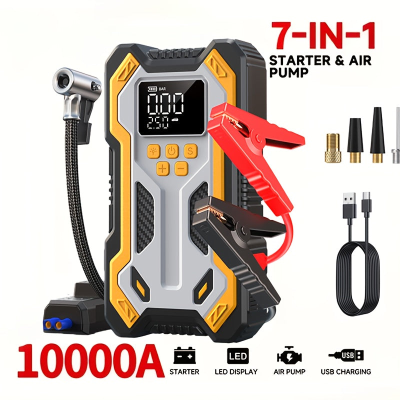10000A 7-in-1 Multifunctional Emergency Start Power Supply, 150PSL Portable Car Battery Starter, Digital Tire Inflator, Suitable for 2.64 Gallon Gasoline Or 2.38 Gallon Diesel Batteries, LED Emergency Light, Car Accessory Tool.