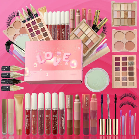 Makeup Gift Set 30PCS for Women - 18-Color Pink Eyeshadow Palette, Highlighter Eyeliner Mascara Blush Contour Lip Glaze & Setting Powder, Complete Beauty Kit, Birthday Wedding Cosplay Holiday Gift for Her